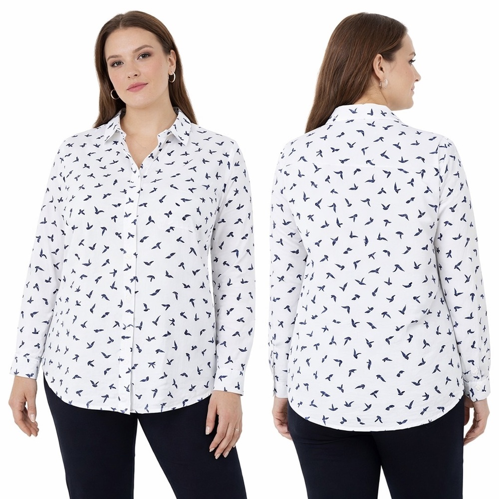 NWT Foxcroft Ava Wrinkle Free Shirt White Navy Long Sleeve Bird Print Size 16